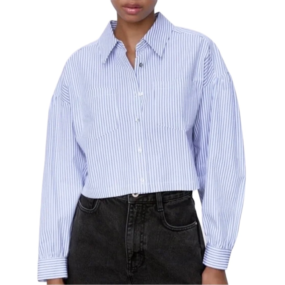 Zara Cropped Blue & White Striped Button Front Blouse